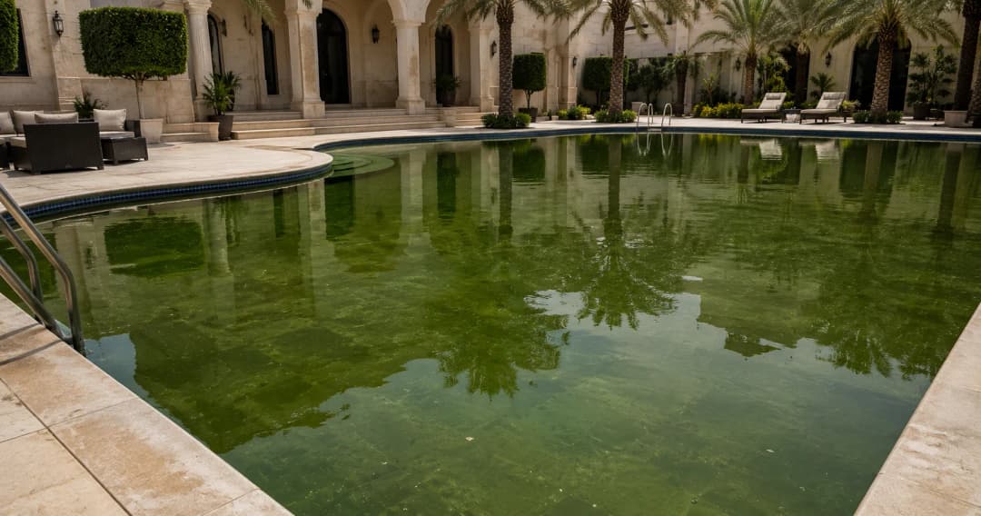 مسبح مليء بالطحالب ومياه خضراء عكرة قبل التنظيف بجدة