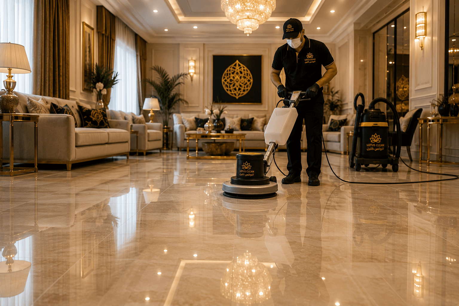 تنظيف الأرضيات ותلميع السيراميك في منازل الباحة