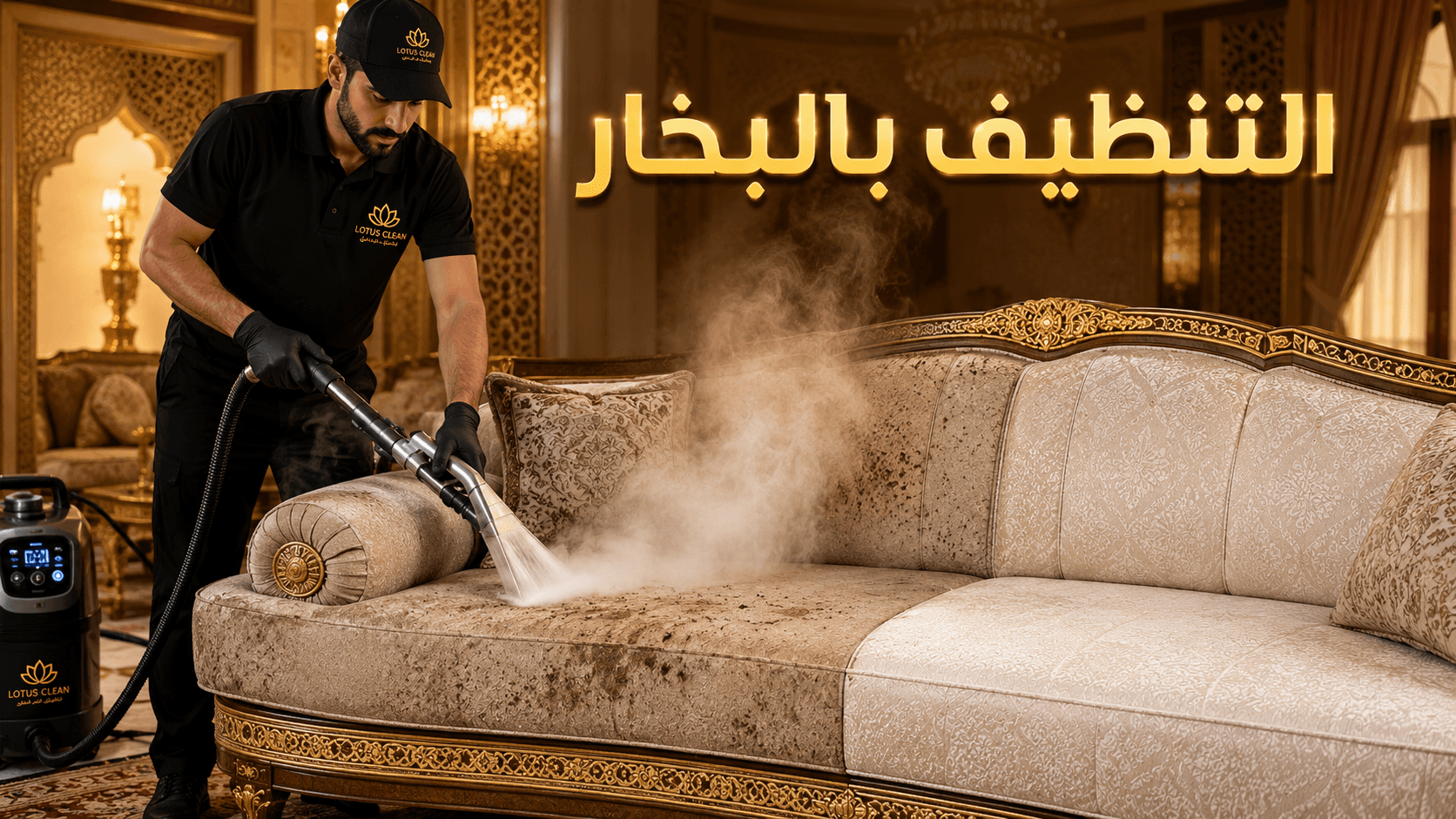 عامل من اللوتس كلين يقوم بالتنظيف بالبخار داخل مجلس فاخر