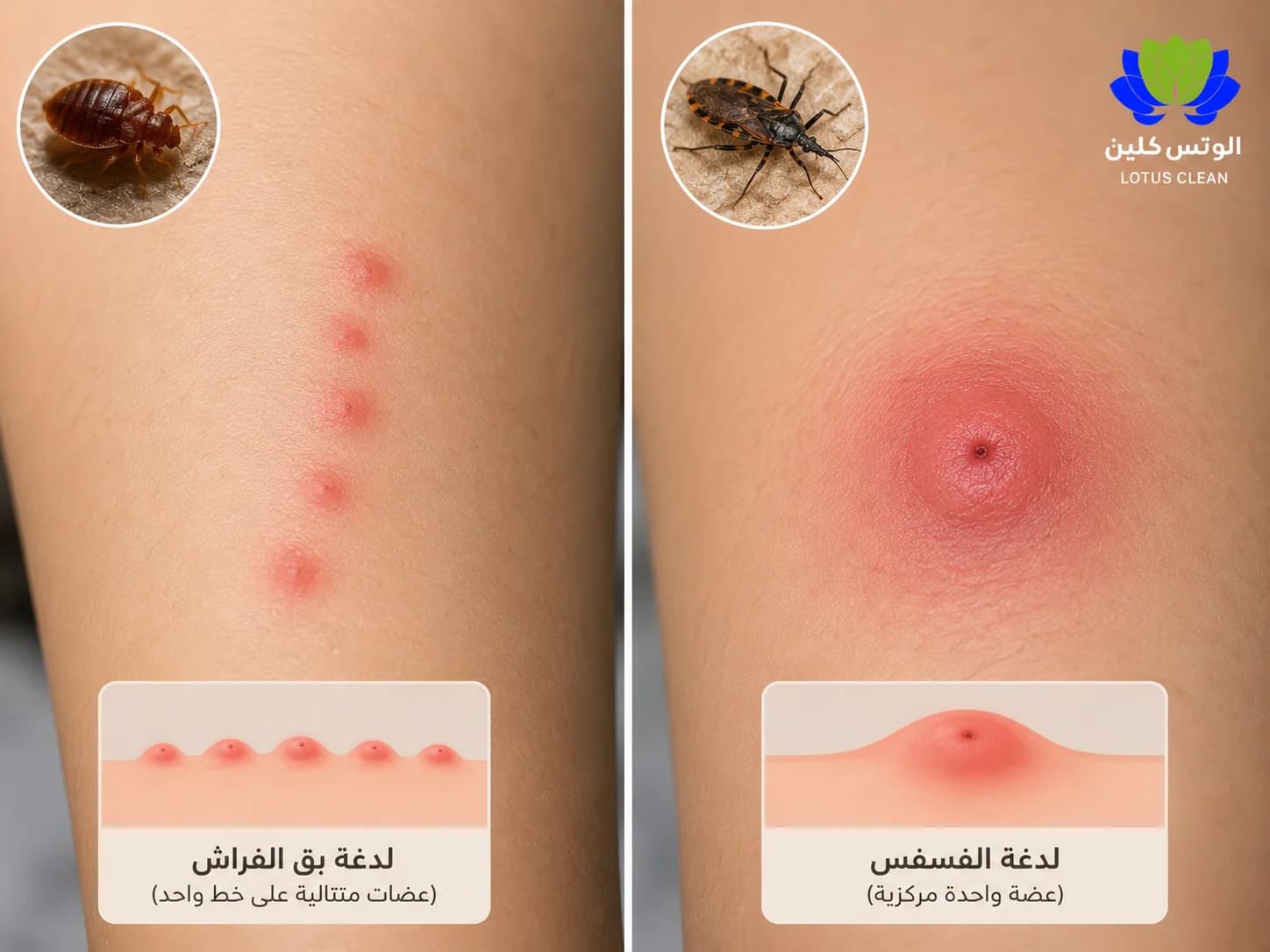 المقارنة البصرية لدغة الفسفس مقابل بق الفراش