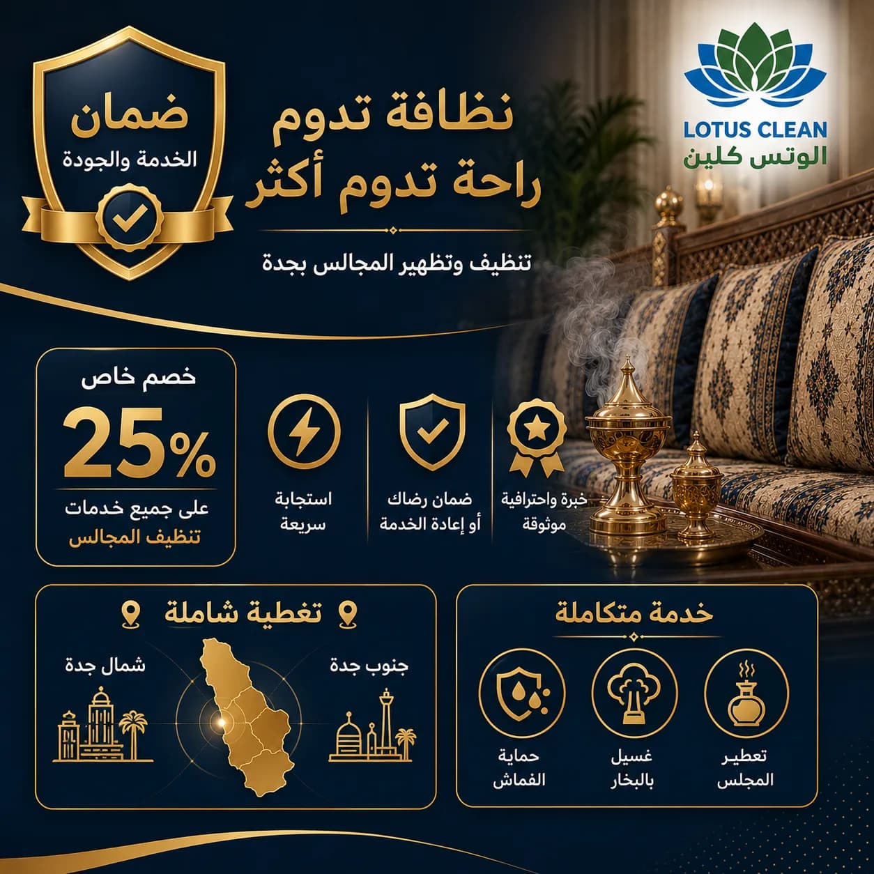 إنفوجرافيك ضمان وأحياء خدمة غسيل المجالس بجدة