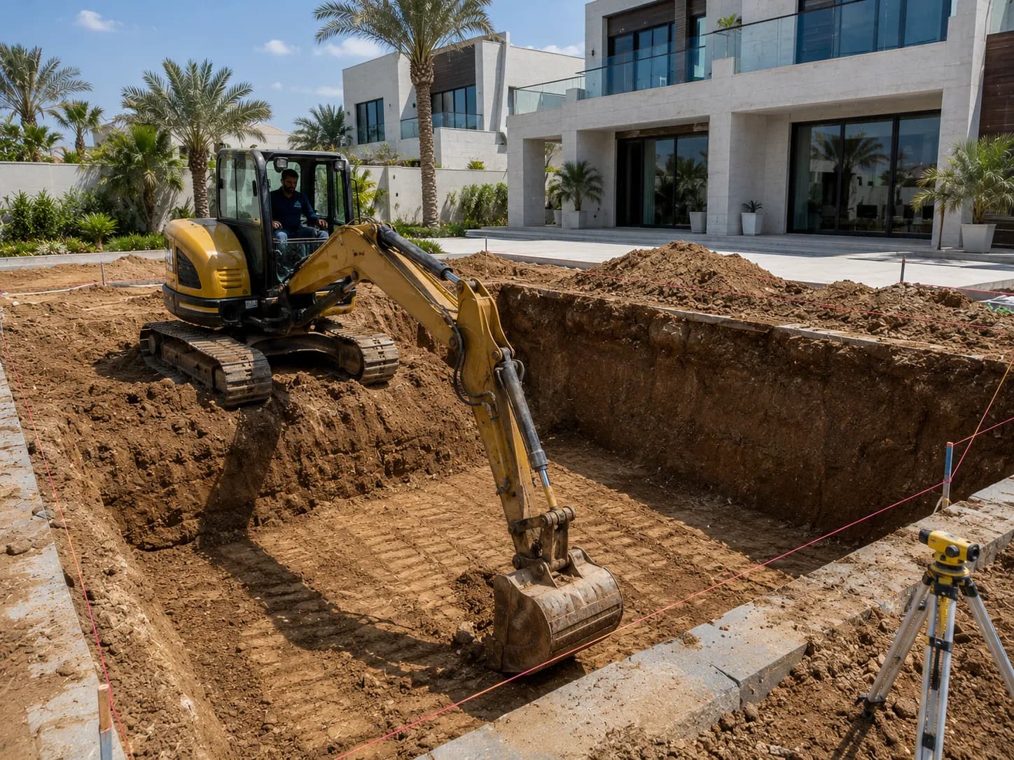 أعمال حفر التربة وتجهيز قاع المسبح