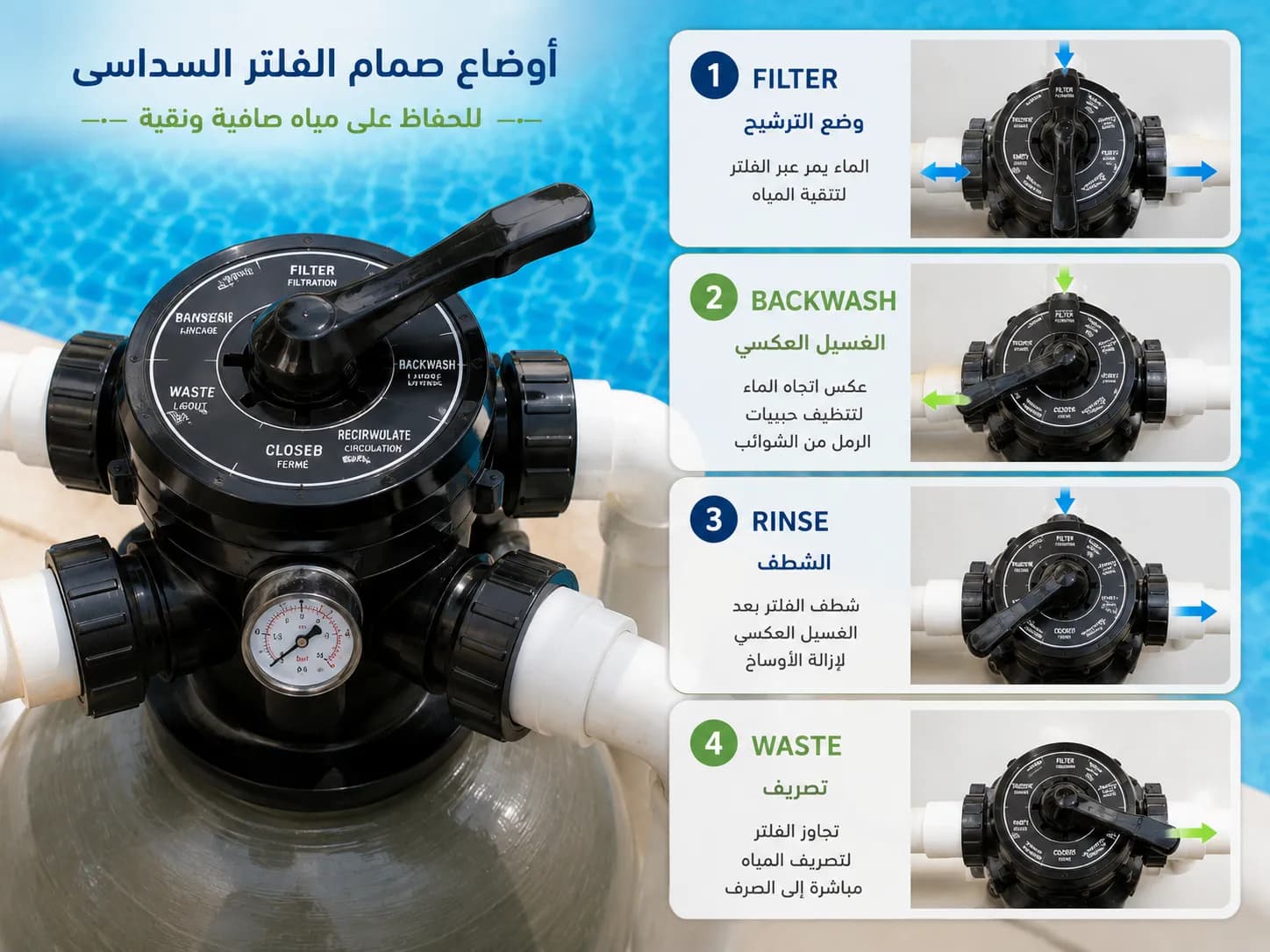 أوضاع صمام الفلتر السداسي المختلفة
