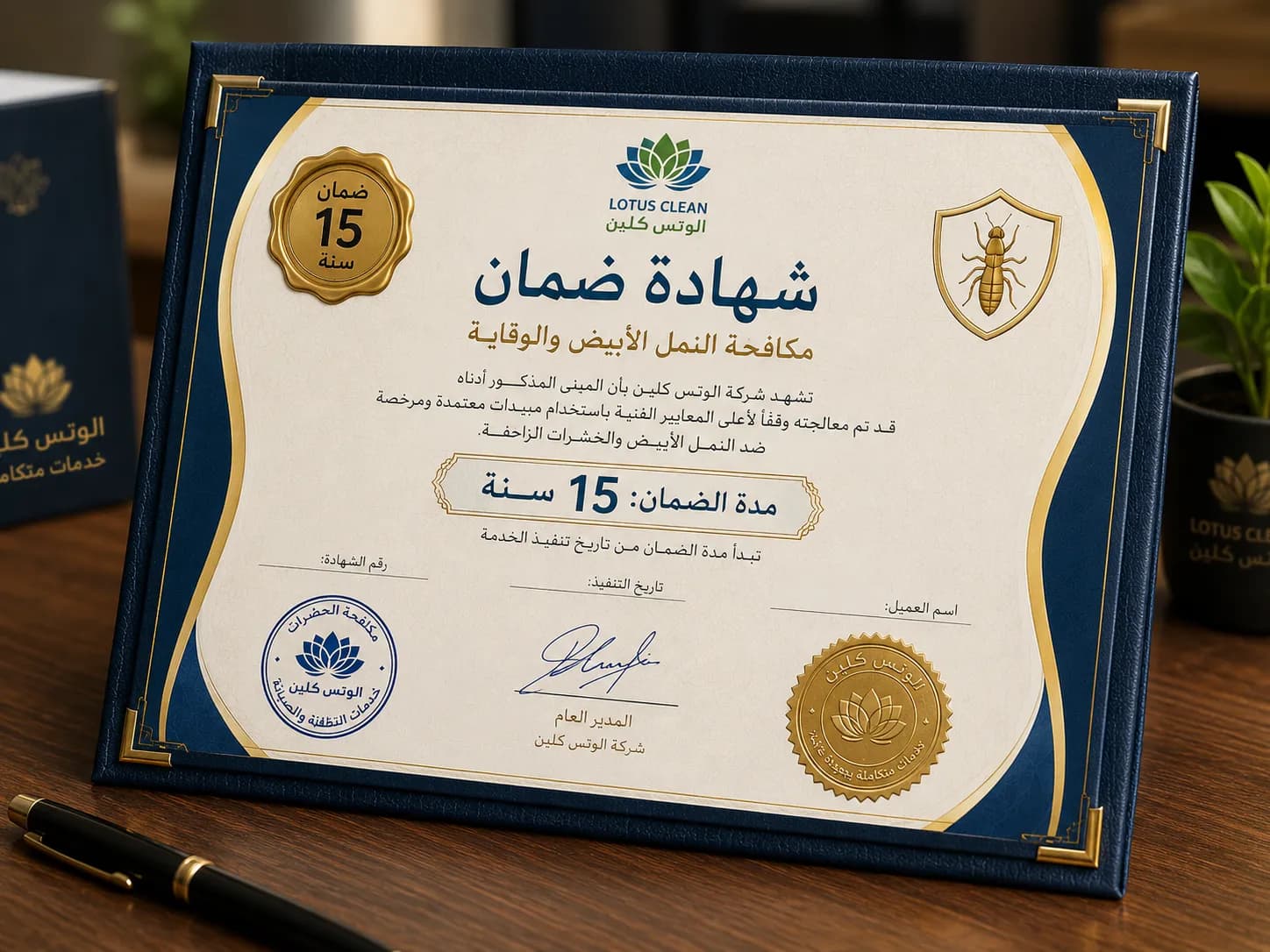 شهادة ضمان معتمدة لمكافحة النمل الأبيض 15 سنة