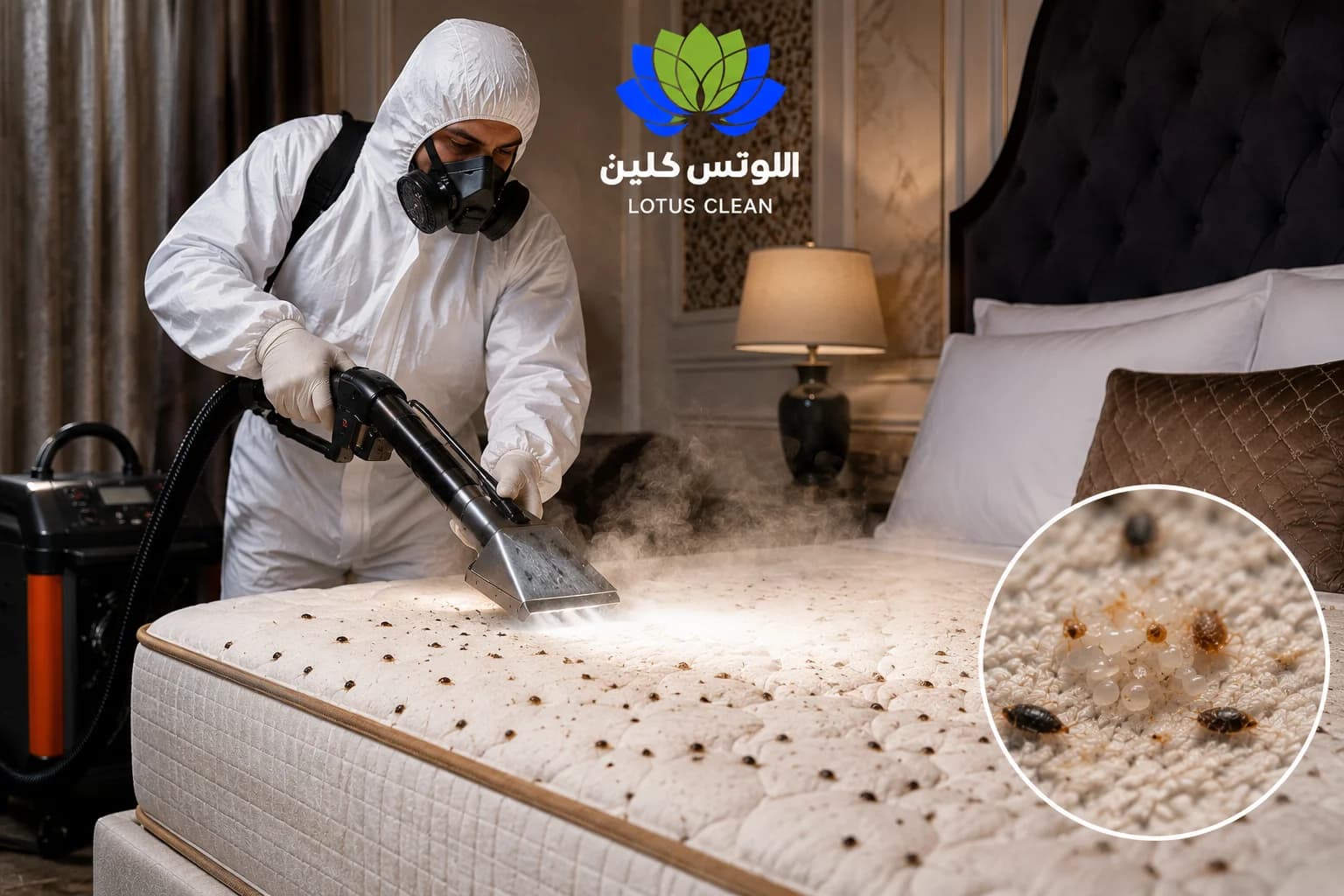 فني مكافحة بق الفراش بجدة أثناء الفحص والتبخير الحراري